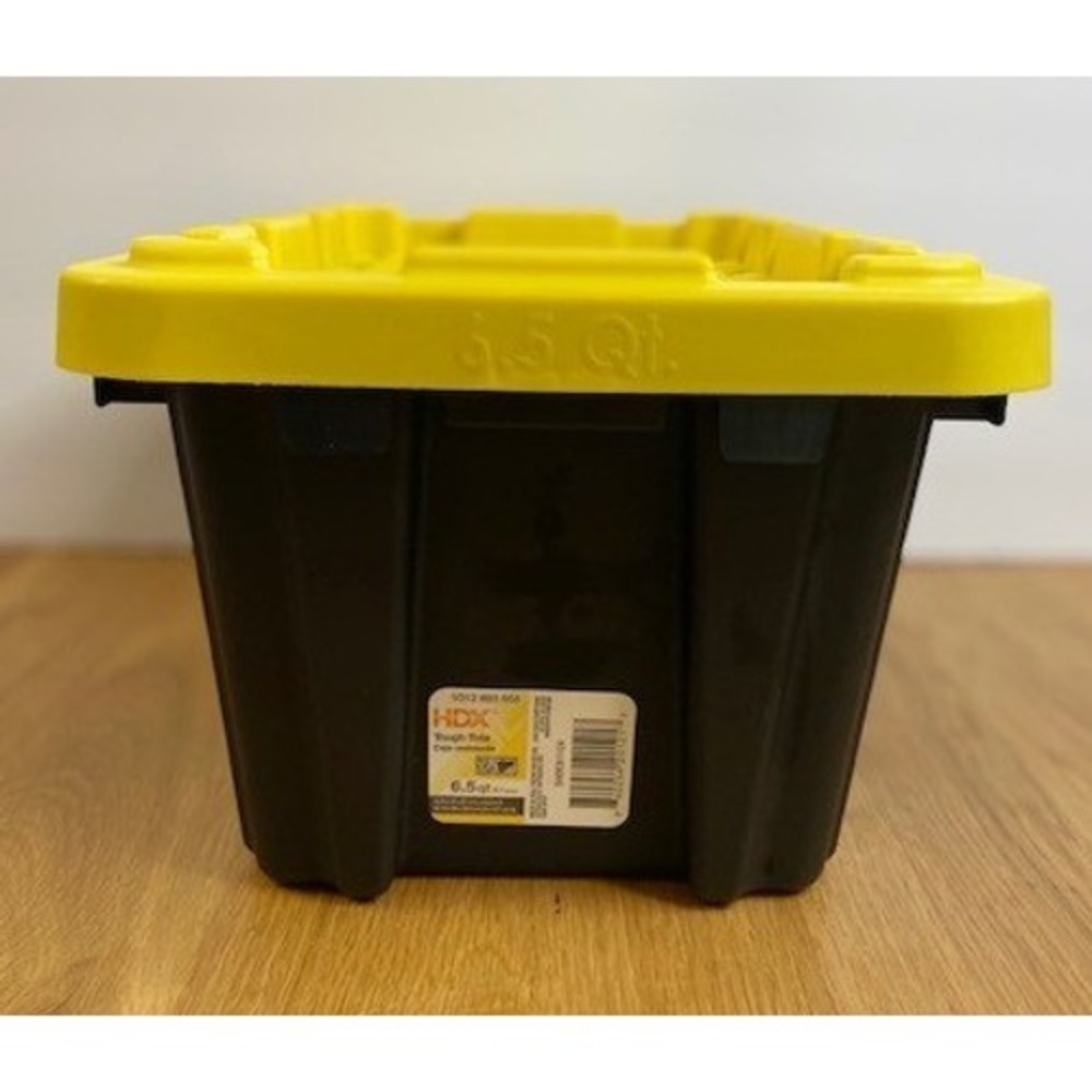 HDX Tough Tote Storage Bin 6.5 Qt Black Yellow Good Stackable Plastic Lid